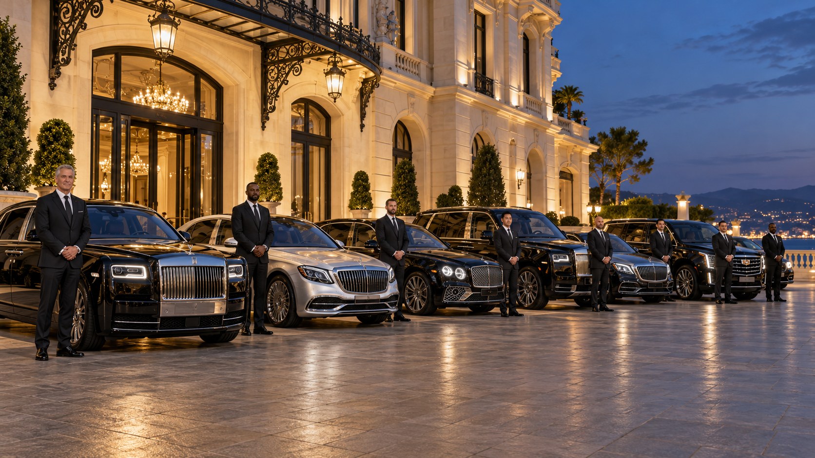Formal suited chauffeurs standing beside the passenger doors of a varied ultra-luxury vehicle lineup
