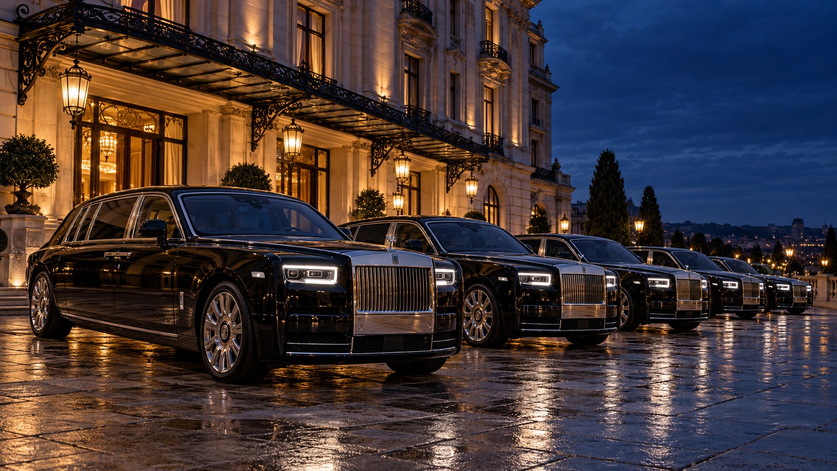 A coordinated line of black Phantom-style luxury limousines outside a grand hotel